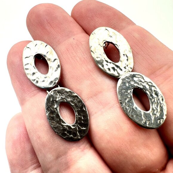 Womens Sterling Silver Hammered Circles Earrings Pierced Boho Chic - Picture 1 of 3